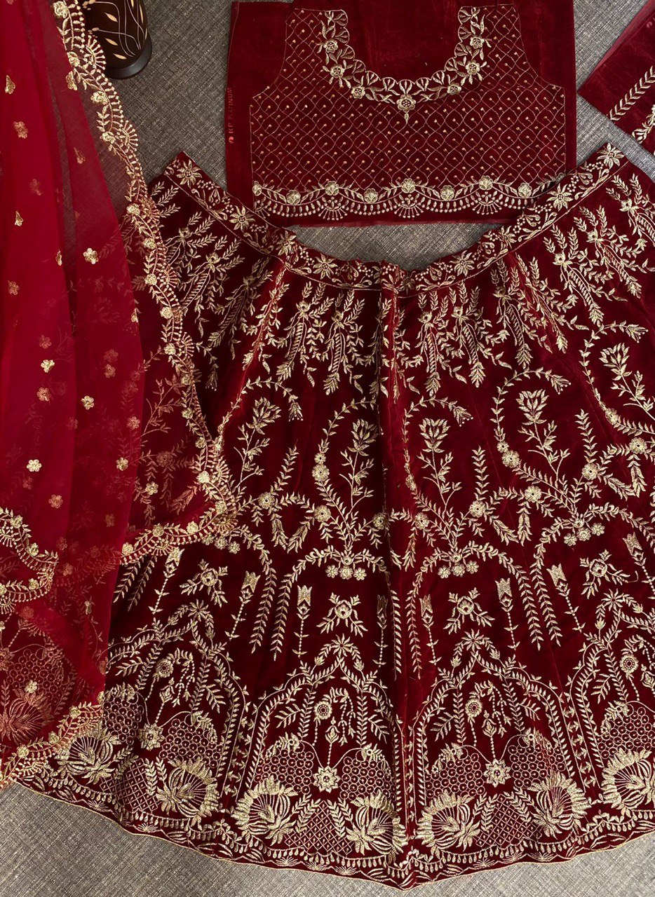 Maroon Lehenga Choli In Heavy Velvet With Embroidery Work