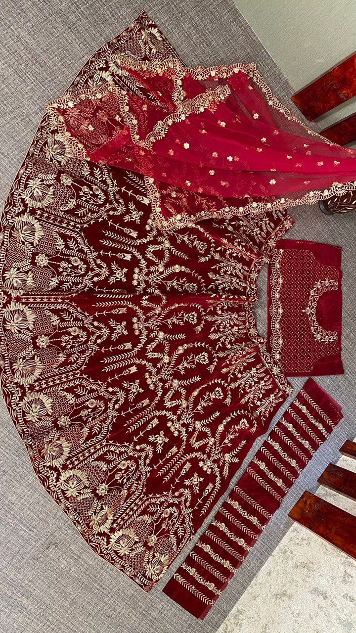 Maroon Lehenga Choli In Heavy Velvet With Embroidery Work