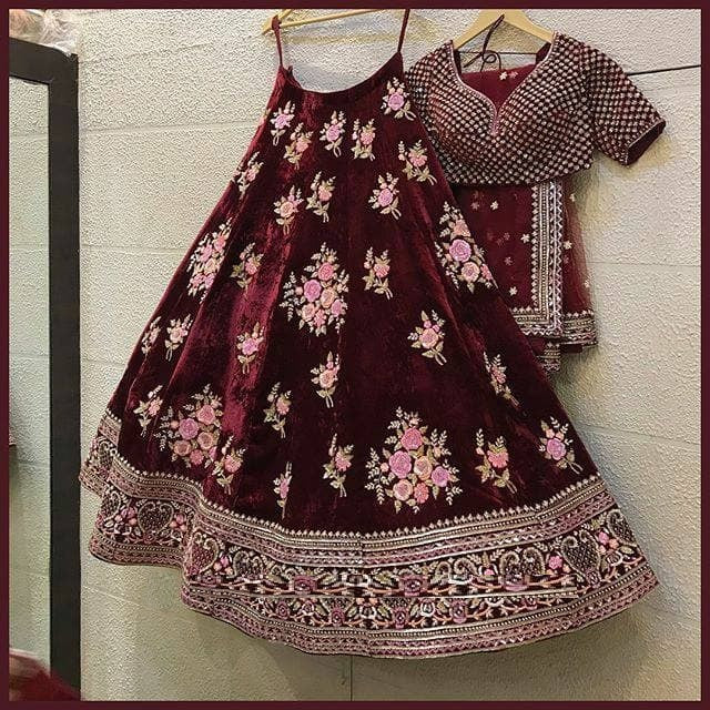 Maroon Lehenga Choli In Velvet With Multi Embroidery Work