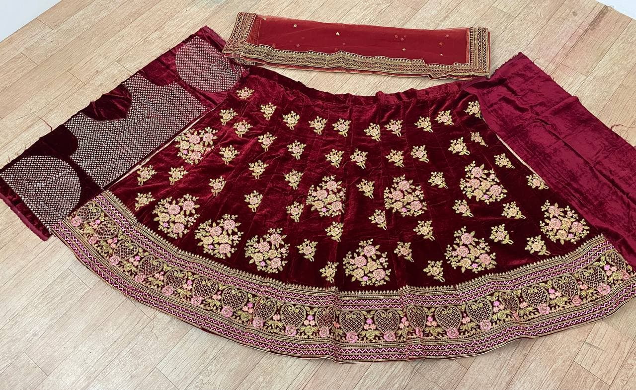 Maroon Lehenga Choli In Velvet With Multi Embroidery Work