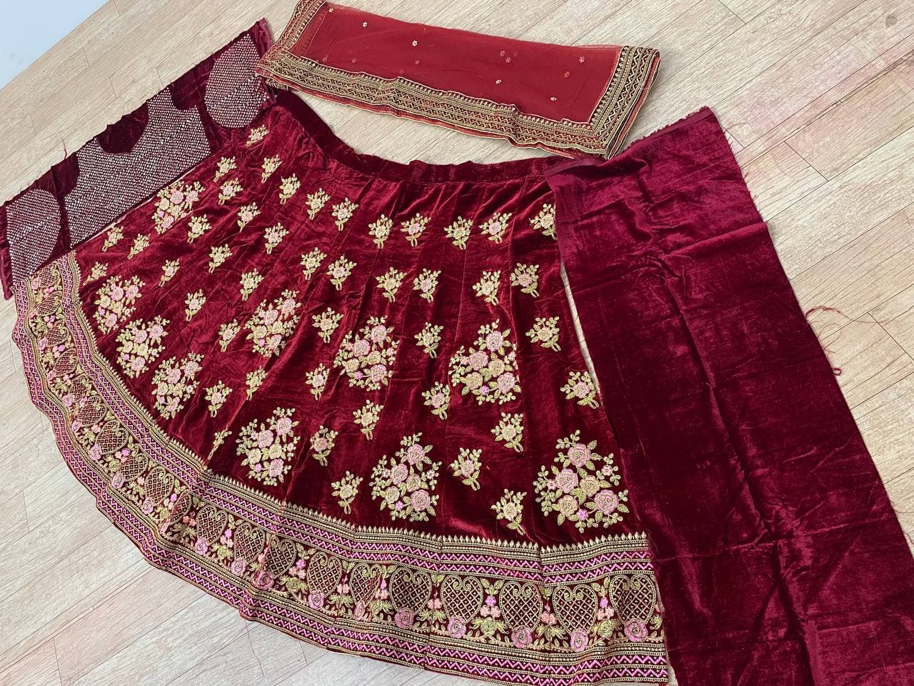 Maroon Lehenga Choli In Velvet With Multi Embroidery Work