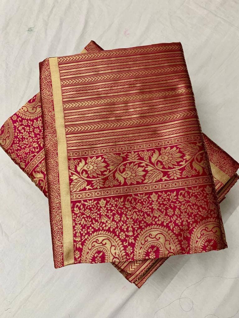 Maroon Lichi Silk Banarasi Saree With Blouse