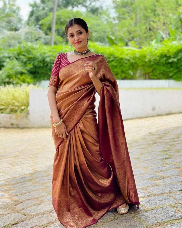 Maroon Lichi Silk Banarasi Saree With Blouse