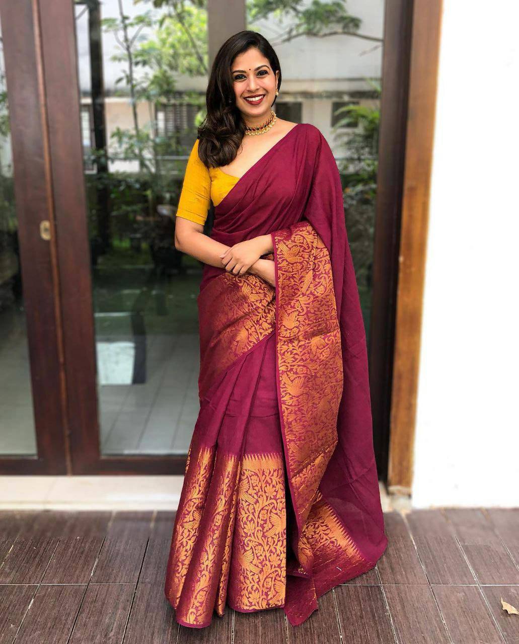 Maroon Lichi Silk Banarasi Saree With Blouse