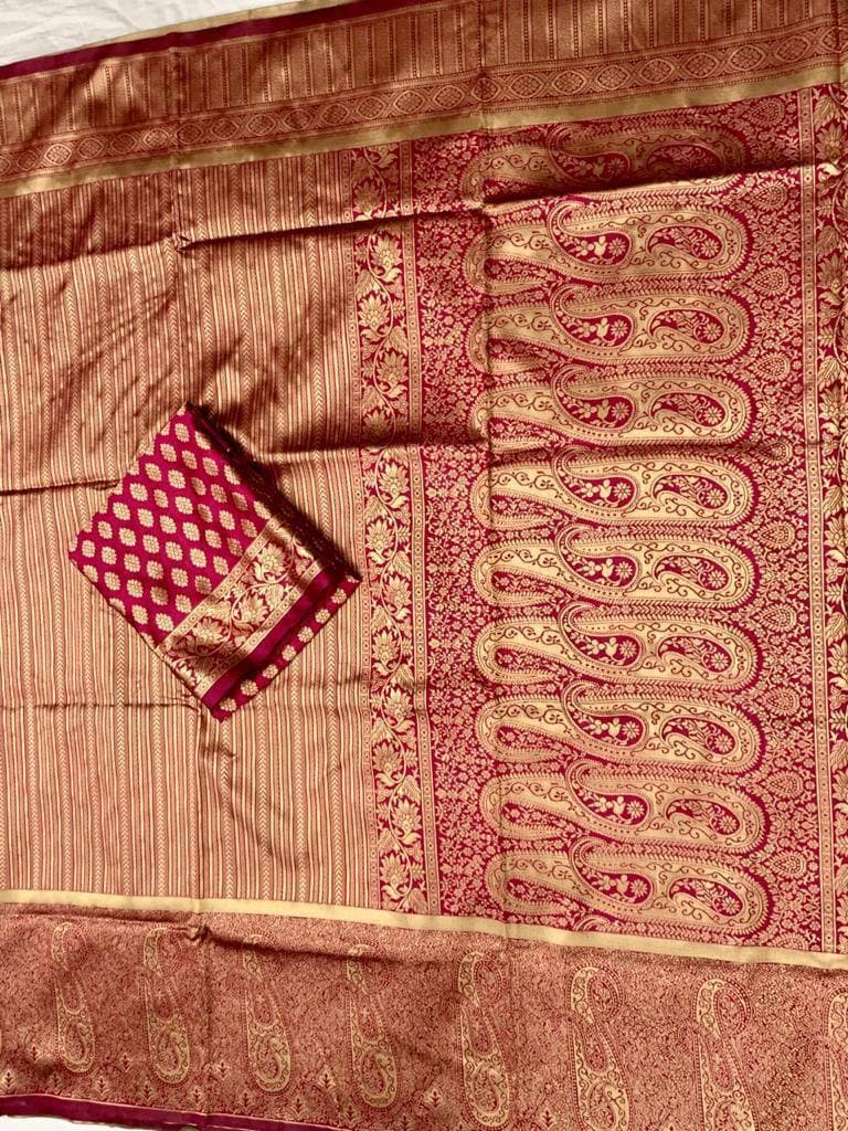 Maroon Lichi Silk Banarasi Saree With Blouse