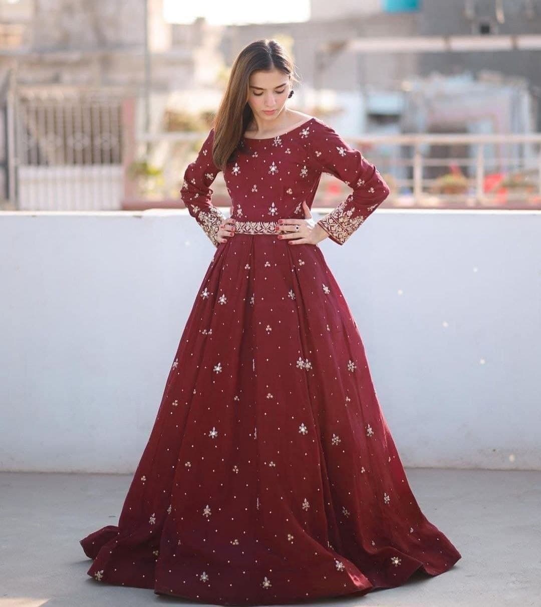 Maroon Malai Crape Sequence Work Gown
