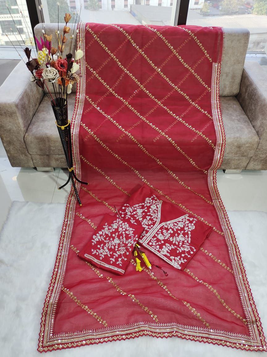 Maroon Organza Silk Sequence Work Saree With Blouse