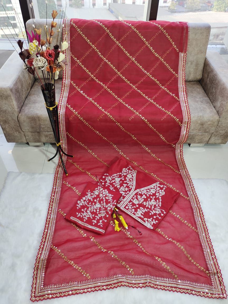 Maroon Organza Silk Sequence Work Saree With Blouse