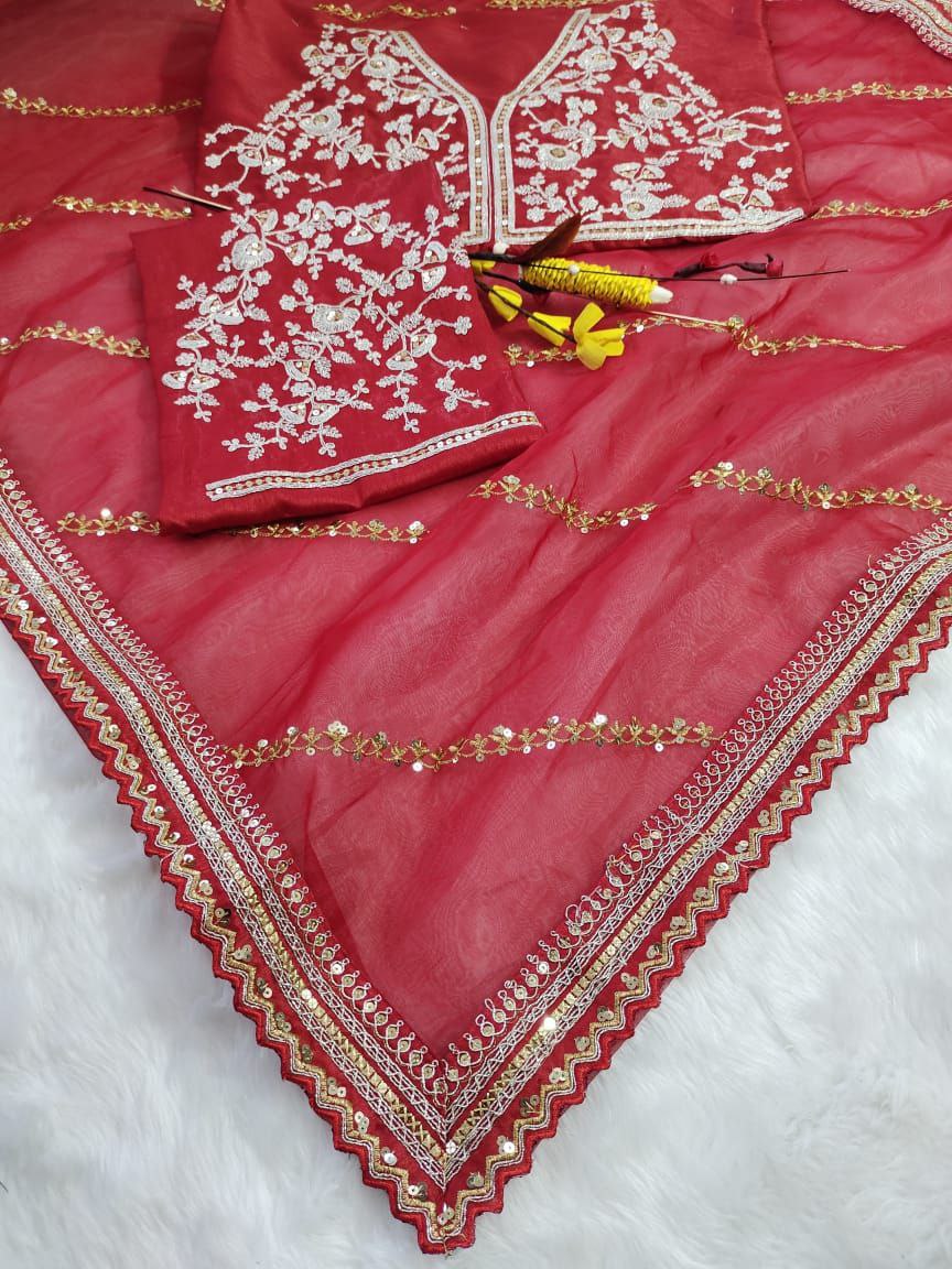 Maroon Organza Silk Sequence Work Saree With Blouse