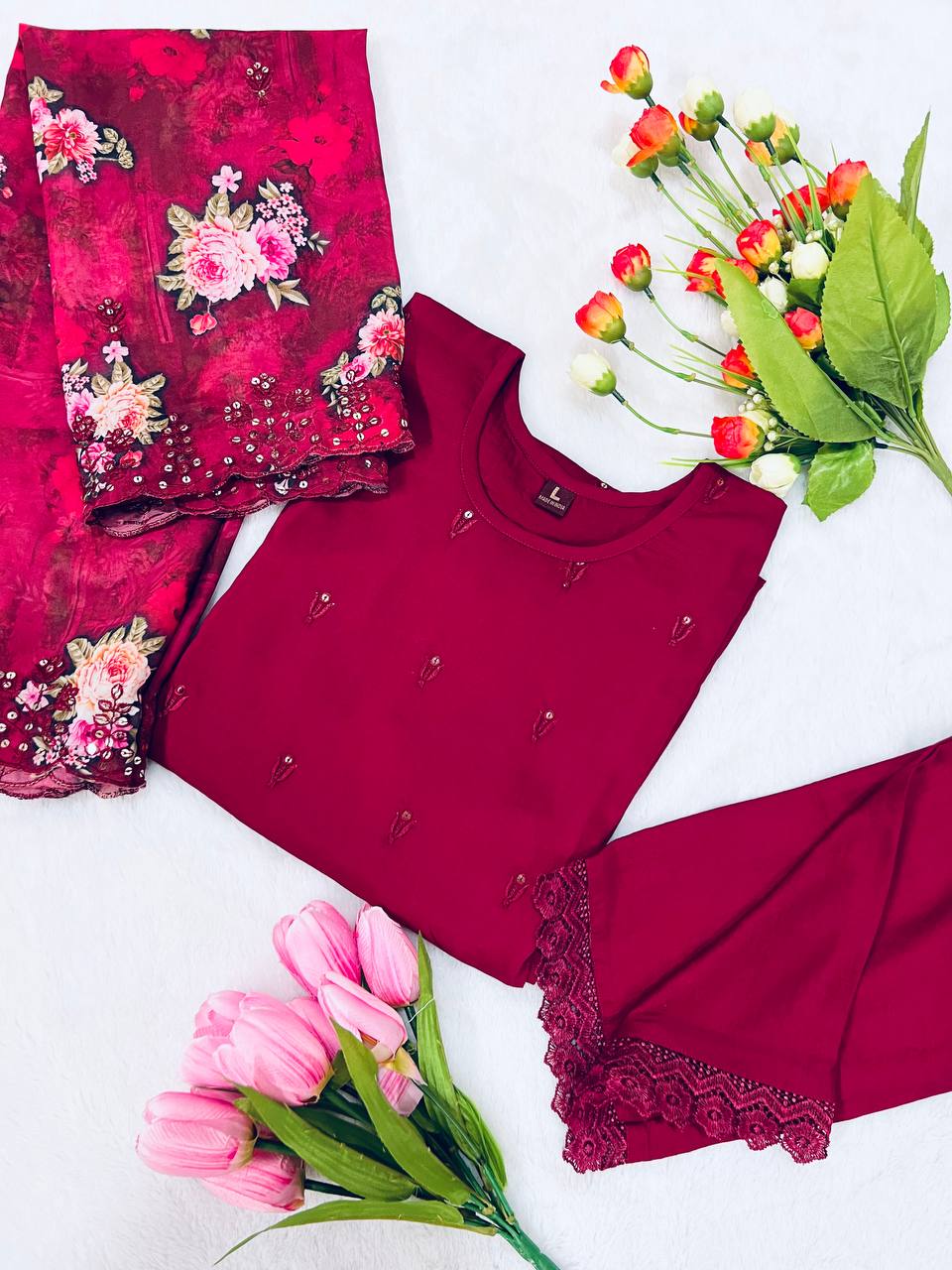 Maroon Salwar Suit In Soft Maska Cotton Silk With Embroidery Work