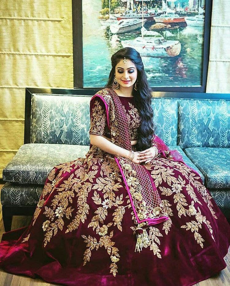 Maroon Lehenga Choli In Velvet With Embroidery Work