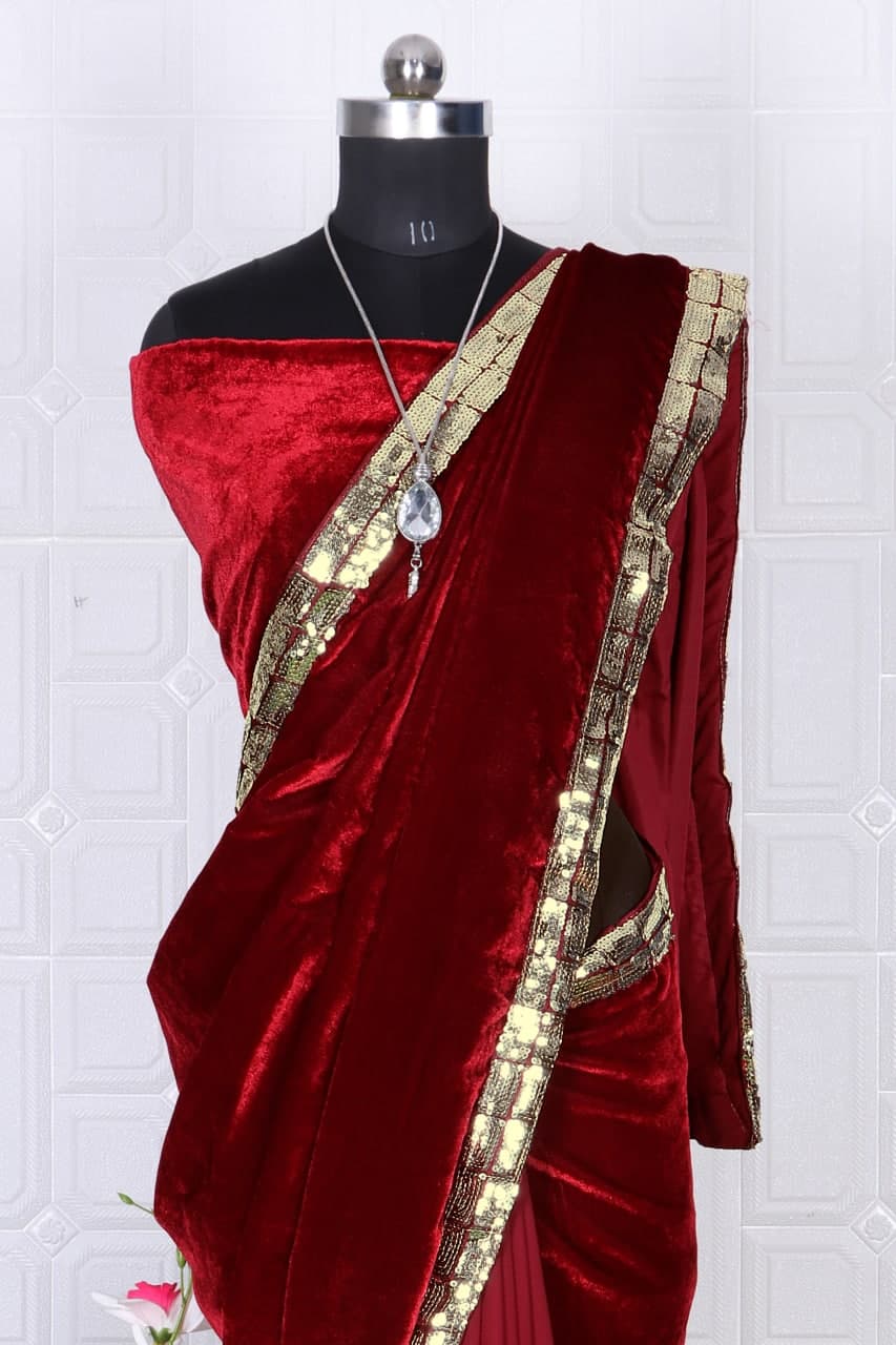 Maroon Saree In Velvet With Sequence Work