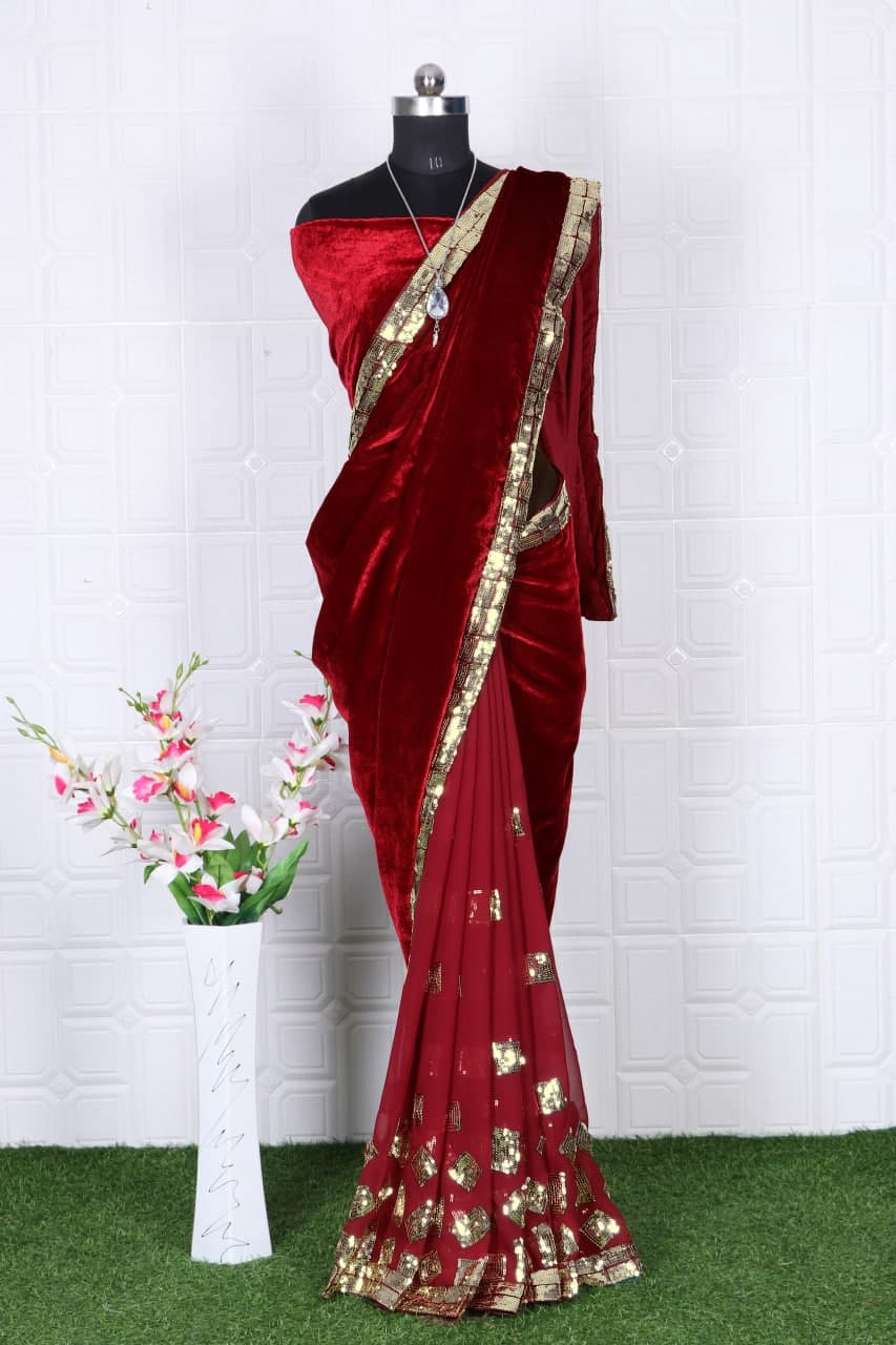 Maroon Saree In Velvet With Sequence Work