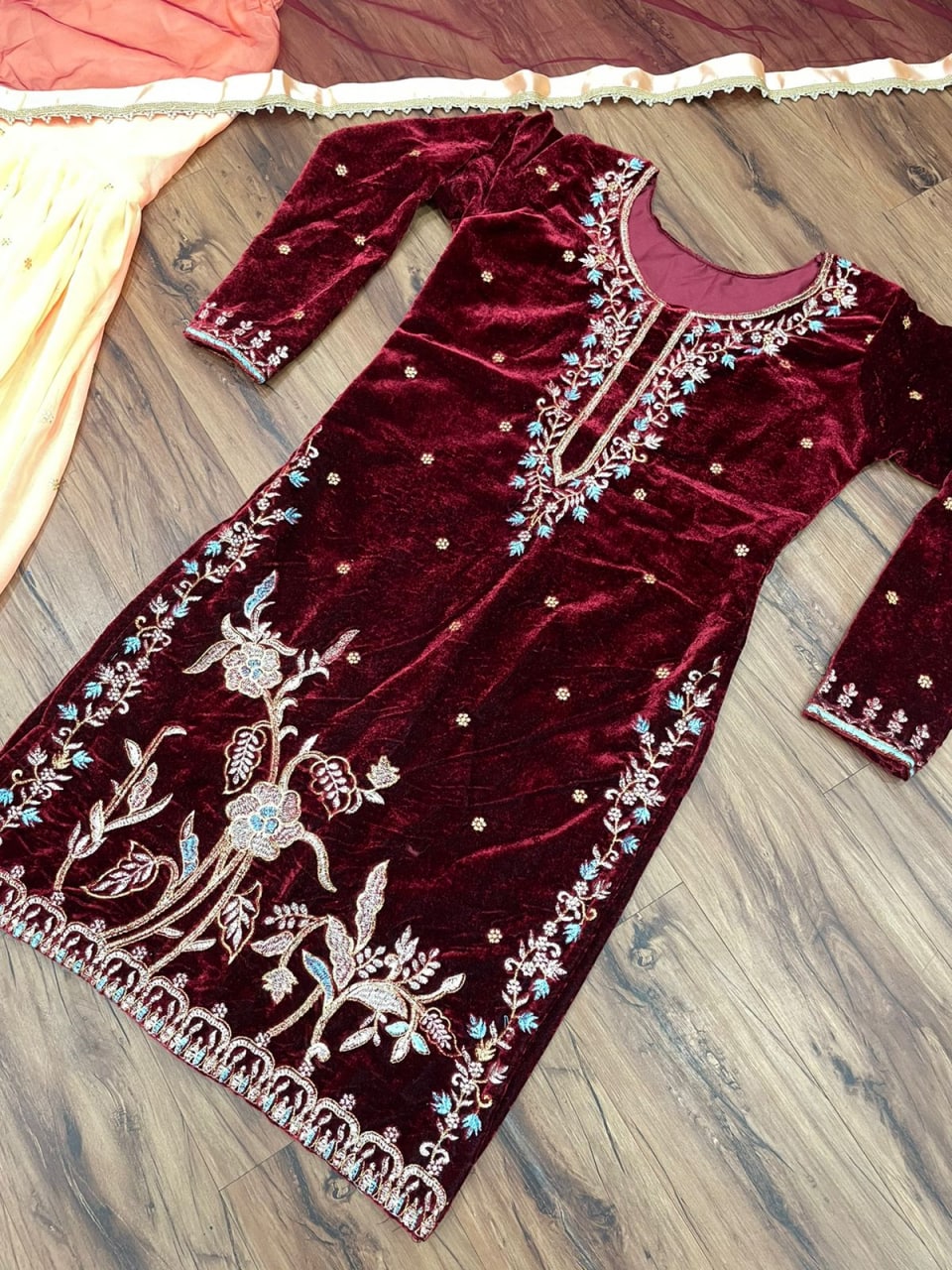 Maroon Sharara Suit In Velvet With Thread Work