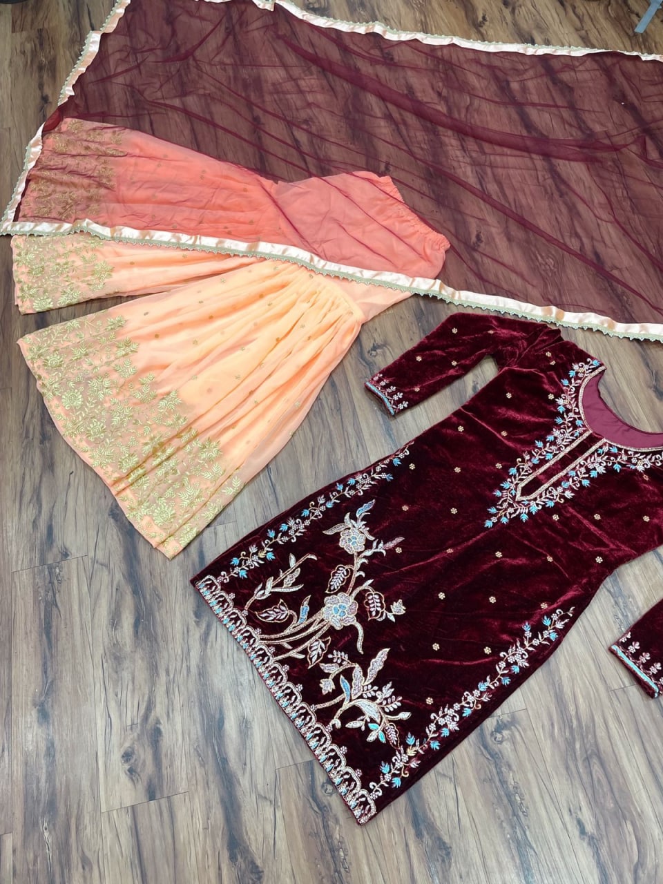 Maroon Sharara Suit In Velvet With Thread Work