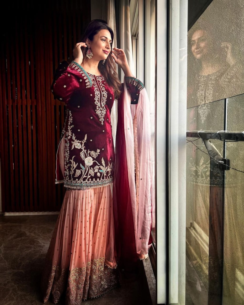 Maroon Sharara Suit In Velvet With Thread Work