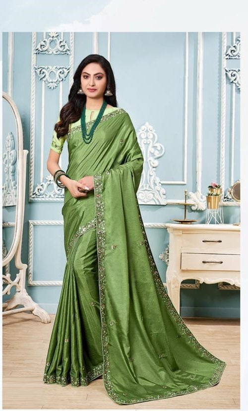 Parrot Green Saree In Vichitra Silk With Multi Embroidery Work