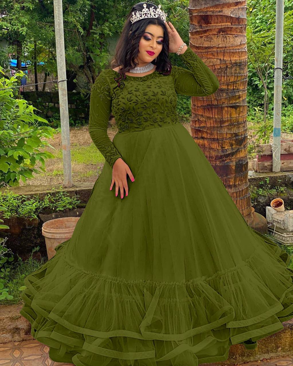 Buy Anarkali Gown Mehndi Collar V Neck Plus Size Salwar Kameez Online for  Women in UK