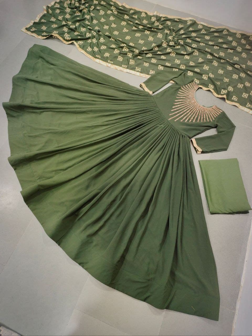 Mehendi Green Salwar Suit In Fox Georgette With Embroidery Work