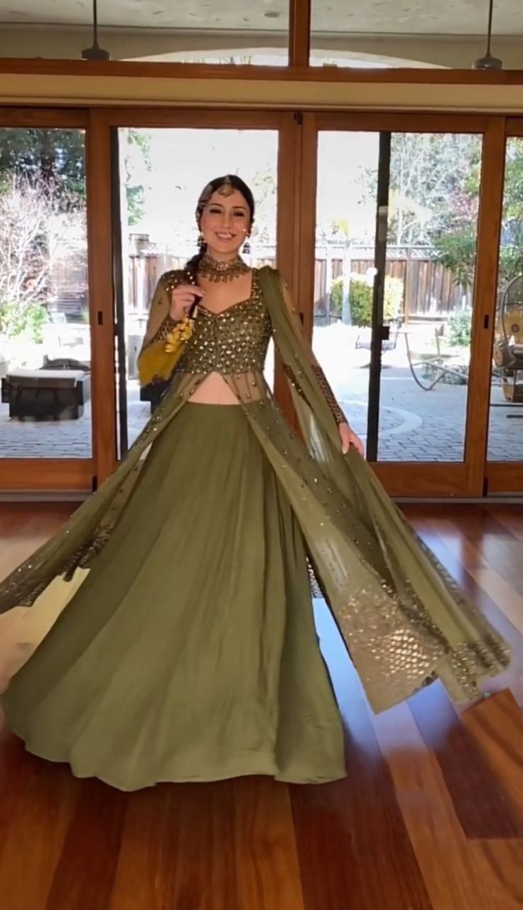 Mehendi Green Lehenga Choli In Georgette Silk