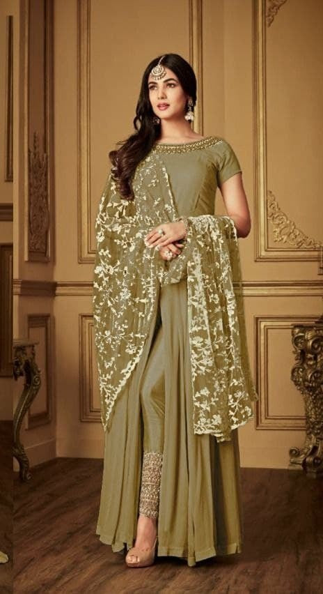 Mehendi Green Gown In Heavy Georgette With Cording Work