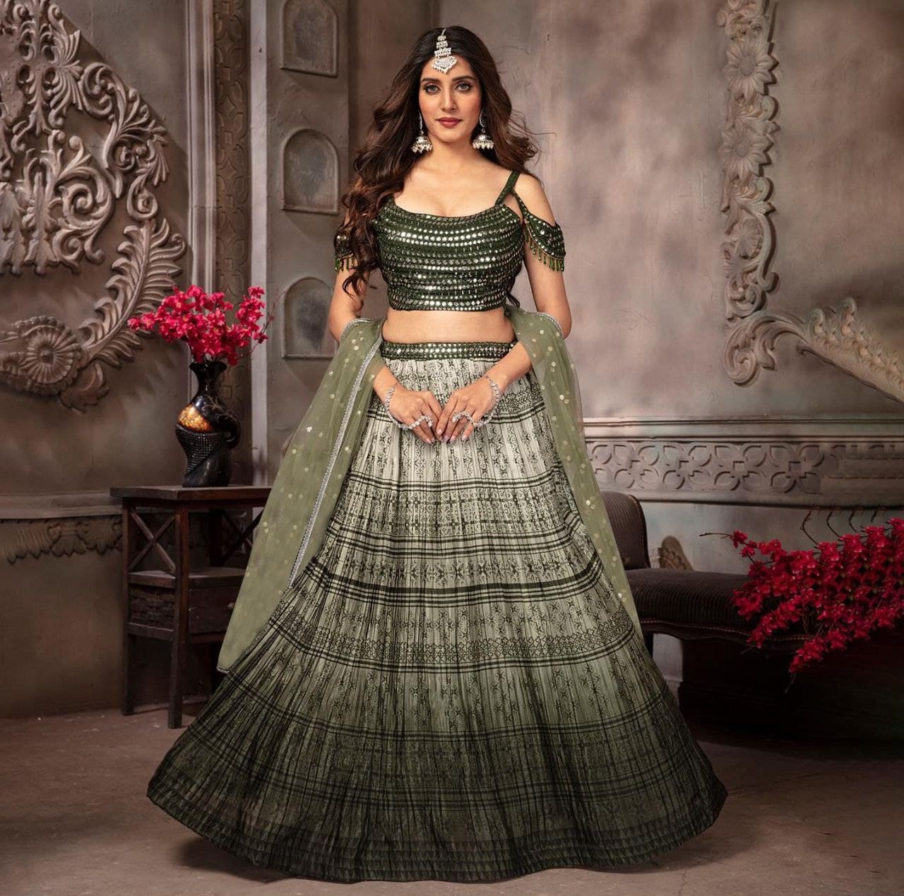 Mehendi Green Lehenga Choli In Kasturi Silk Craep With Digital Print