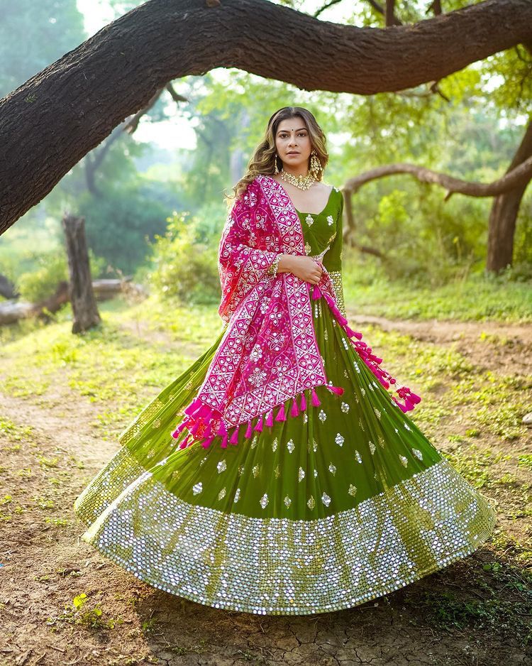 Mehendi Green Lehenga Choli In Soft Butter Silk With Digital Print