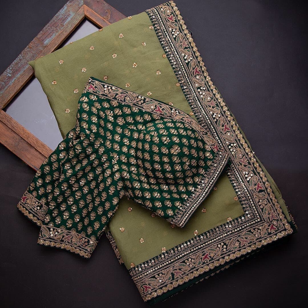 Mehndi Green Saree In Rangoli Gerogett Silk With Fancy Thread Work