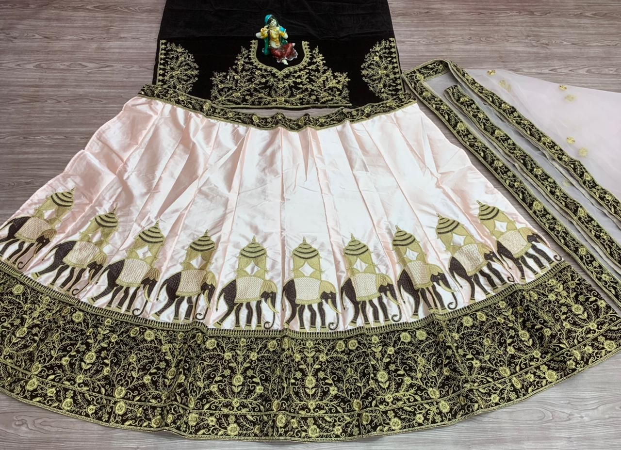 Off White Lahenga Choli In Malay Satin With Embroidery Work