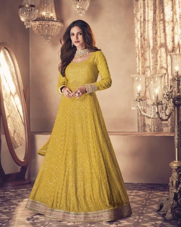 Mustard Yellow Gown In Heavy Bluming Georgette With Sequence Embroidery Work