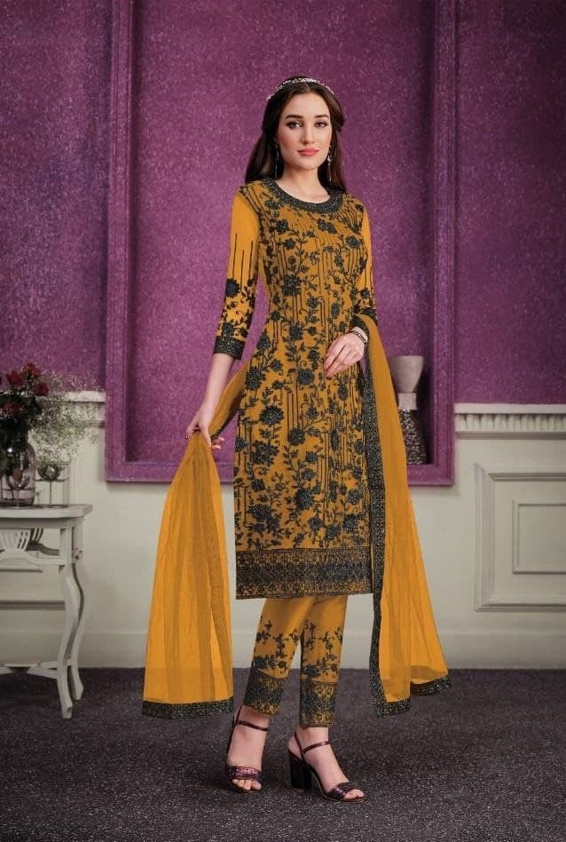 Mustard Yellow Salwar Suit In Butterfly Mono Net With Embroidery Cording Work