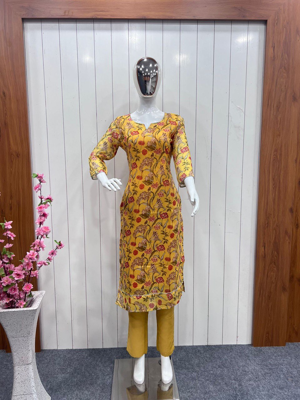 Mustard Yellow Salwar Suit In Chanderi Cotton With Digital Print