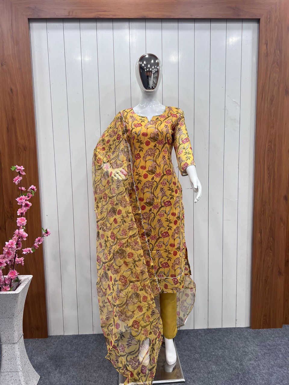 Mustard Yellow Salwar Suit In Chanderi Cotton With Digital Print