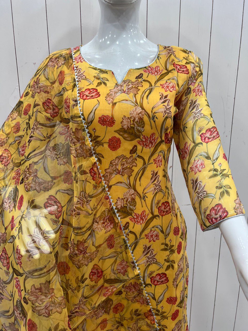 Mustard Yellow Salwar Suit In Chanderi Cotton With Digital Print