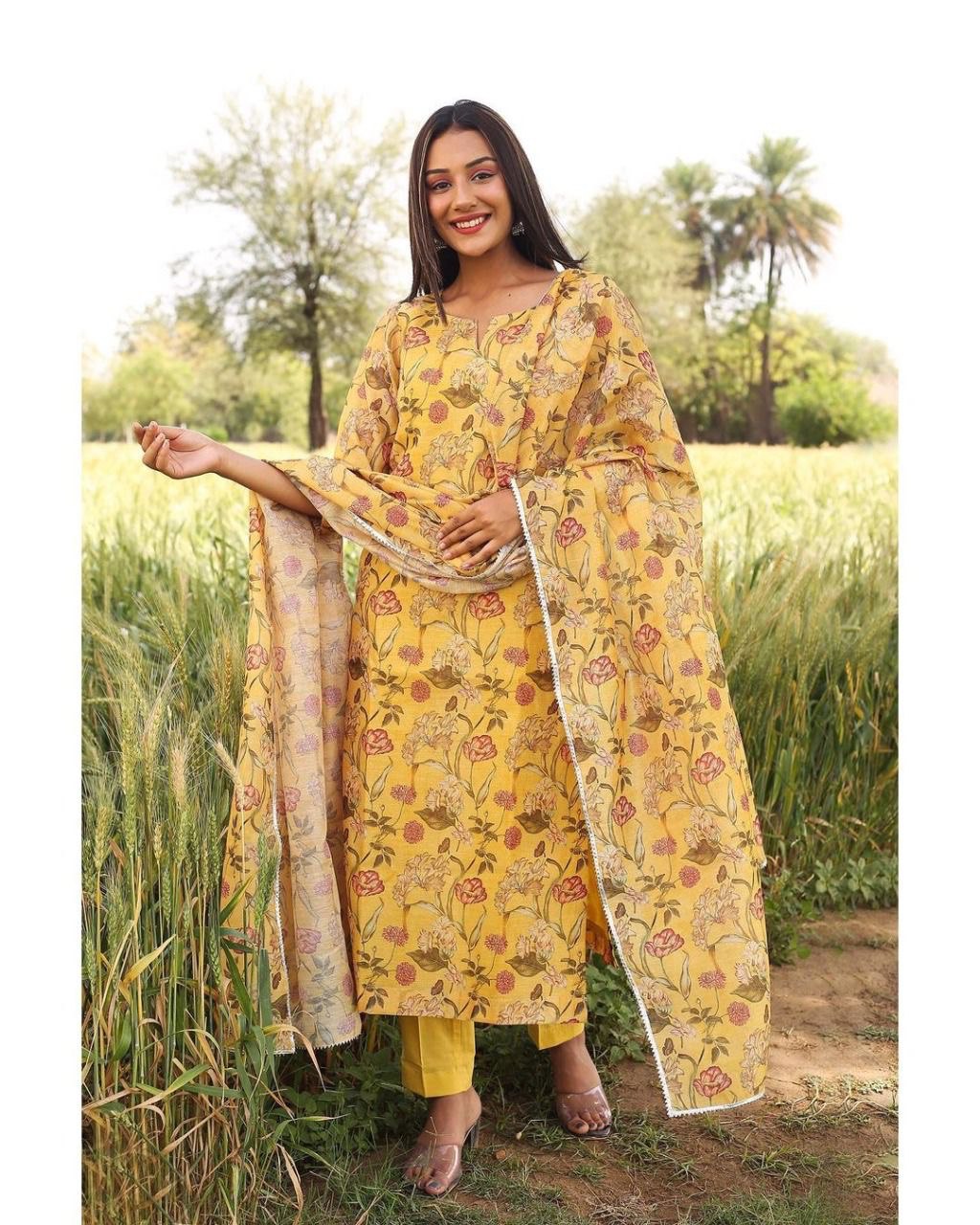 Mustard Yellow Salwar Suit In Chanderi Cotton With Digital Print