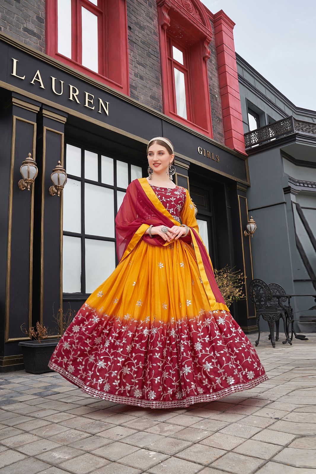 Mustard Yellow Anarkali Suit In Chinon Silk With 9 MM Sequence Work