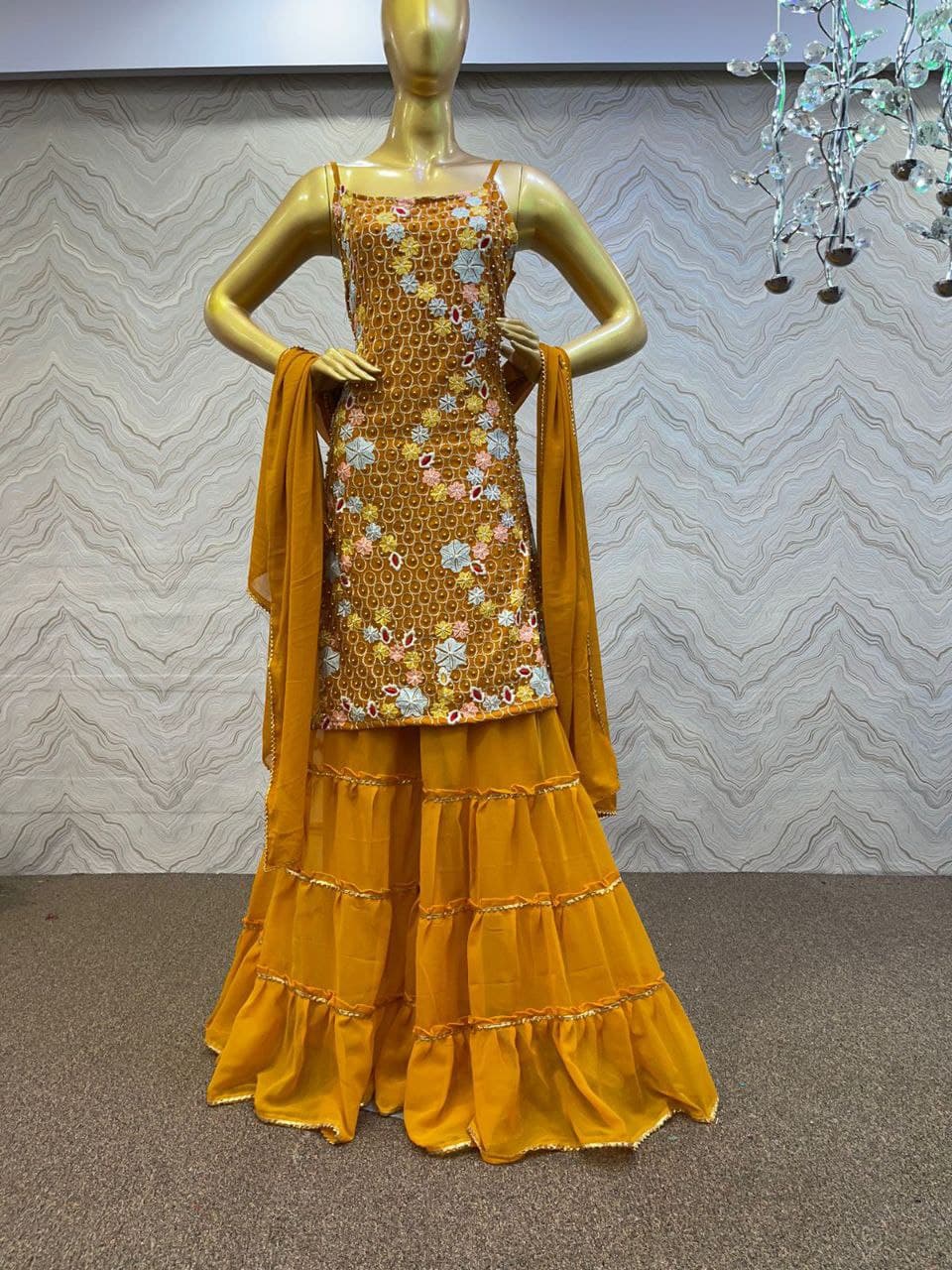 Mustard Yellow Sharara Suit In Fox Georgette With Embroidery Work