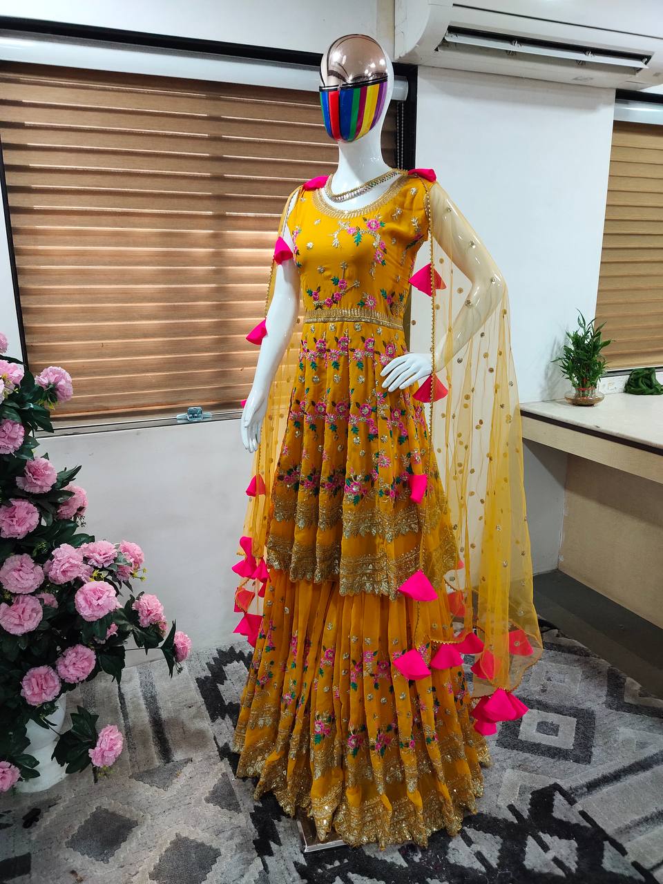 Mustard Yellow Sharara Suit In Fox Georgette With Embroidery Work