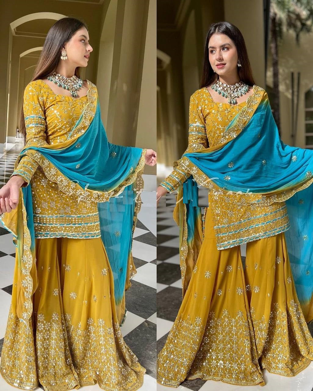 Mustard Yellow Sharara Suit In Fox Georgette With Embroidery Work