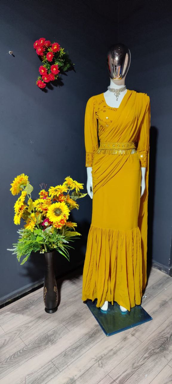 Mustard Yellow Lehenga Saree In Fox Georgette