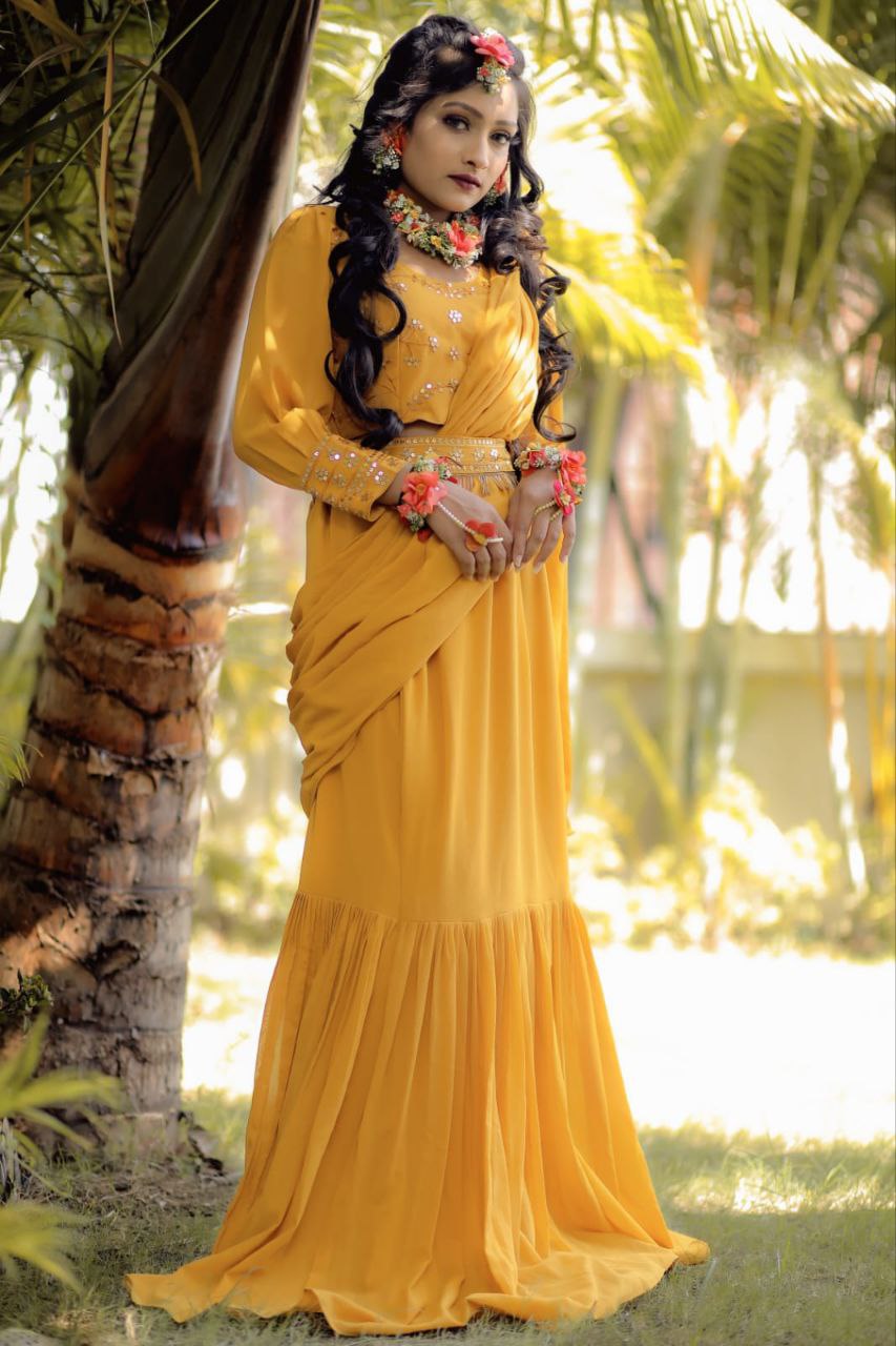 Mustard Yellow Lehenga Saree In Fox Georgette