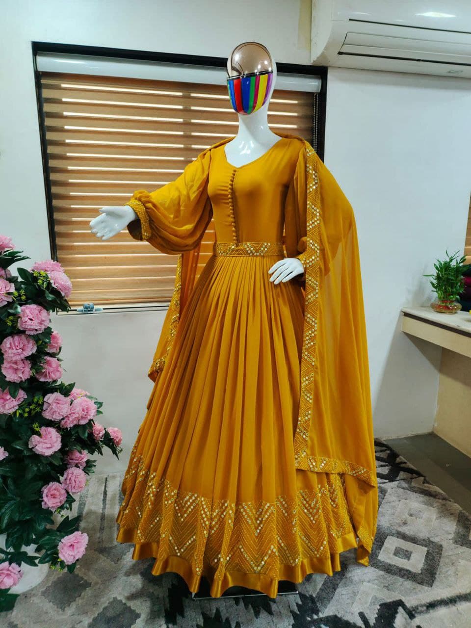 Mustard Yellow Georgette Mirror Embroidery Work Gown With Fancy Belt