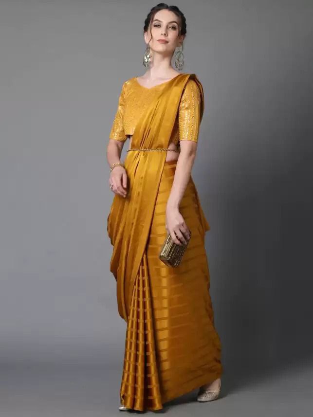 Mustard Yellow Saree In Georgette Satin