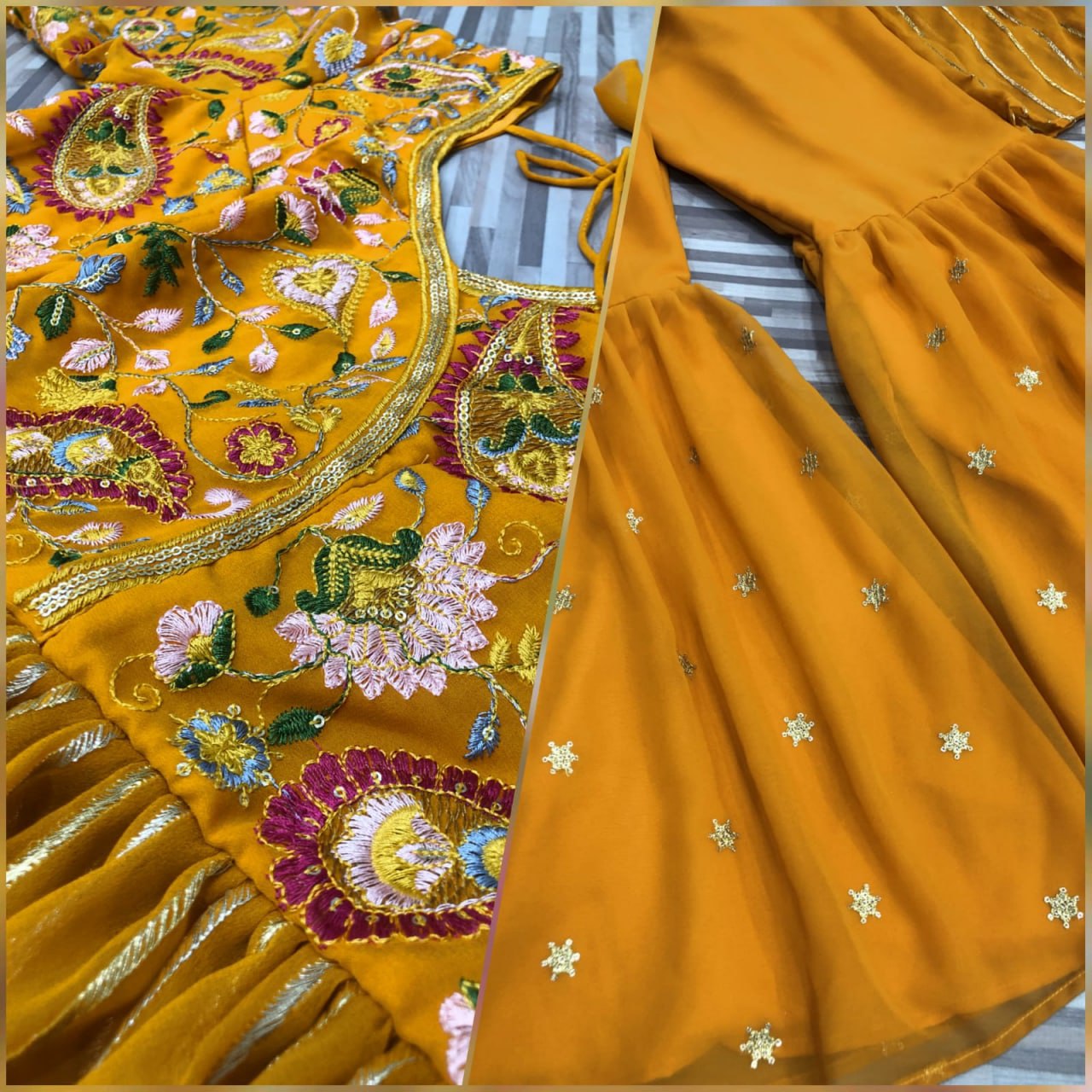 Mustard Yellow Sharara Suit In Georgette Silk With Embroidery Thread Work