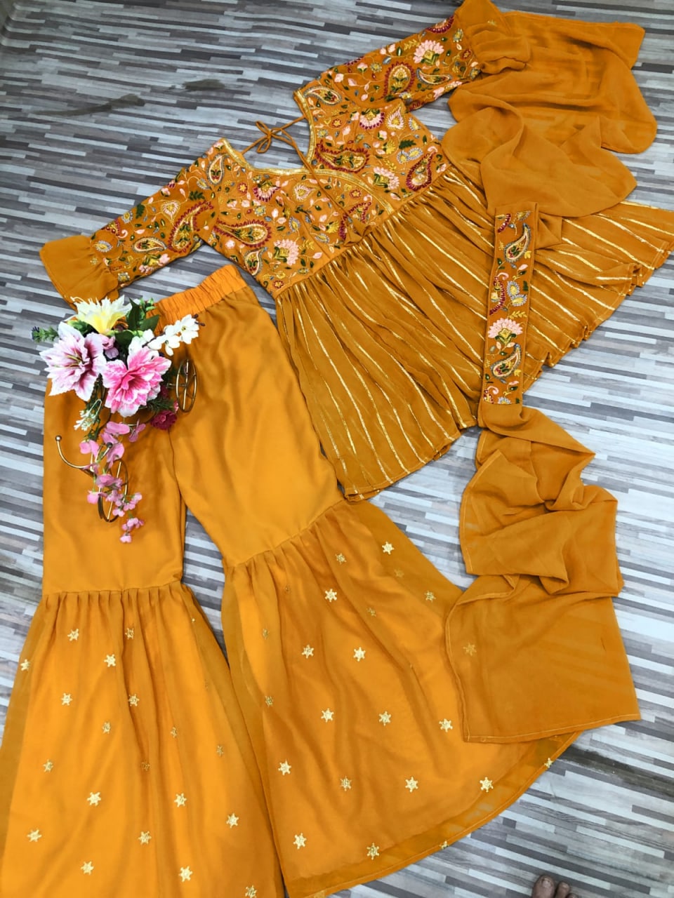 Mustard Yellow Sharara Suit In Georgette Silk With Embroidery Thread Work