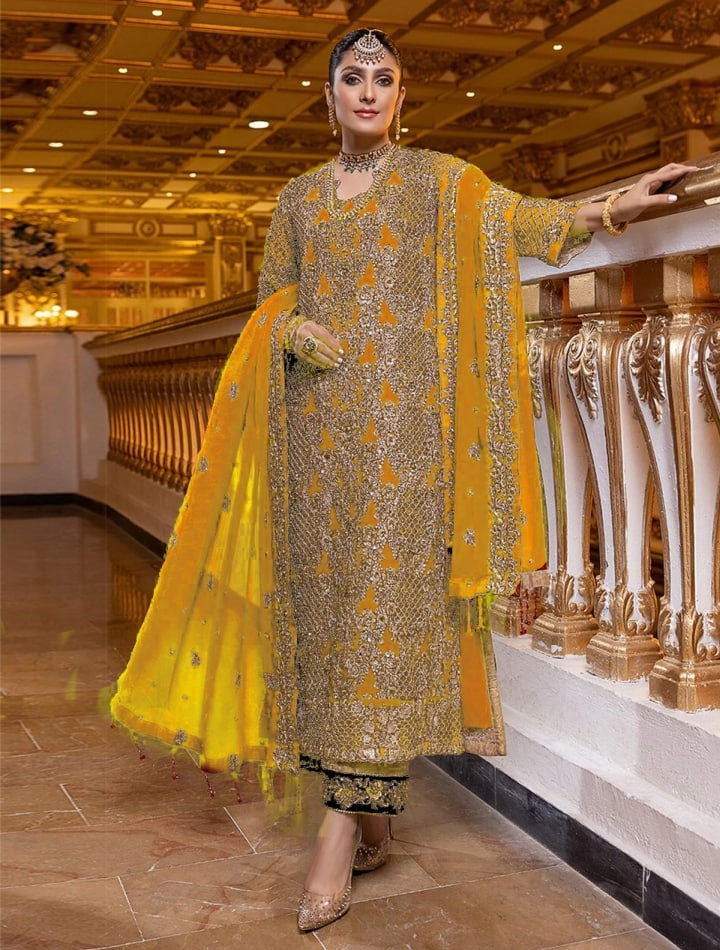 Mustard Yellow Salwar Suit In Georgette Silk With Embroidery Work