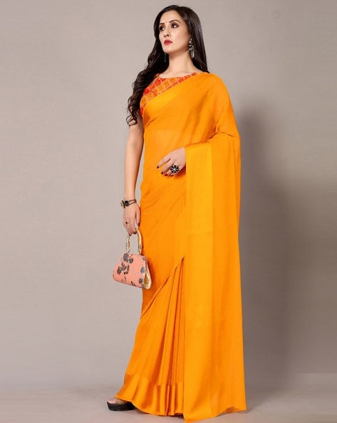 Mustard Yellow Saree In Georgette Silk With Plain