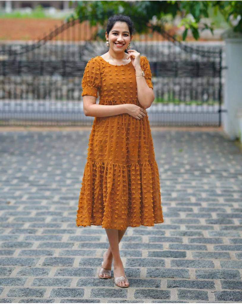 Mustard Yellow Gown In Georgette Silk With Ruffles