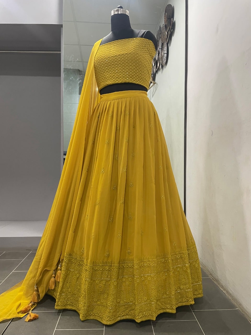 Mustard Yellow Lehenga Choli In Georgette Silk With Sequence Embroidery Work