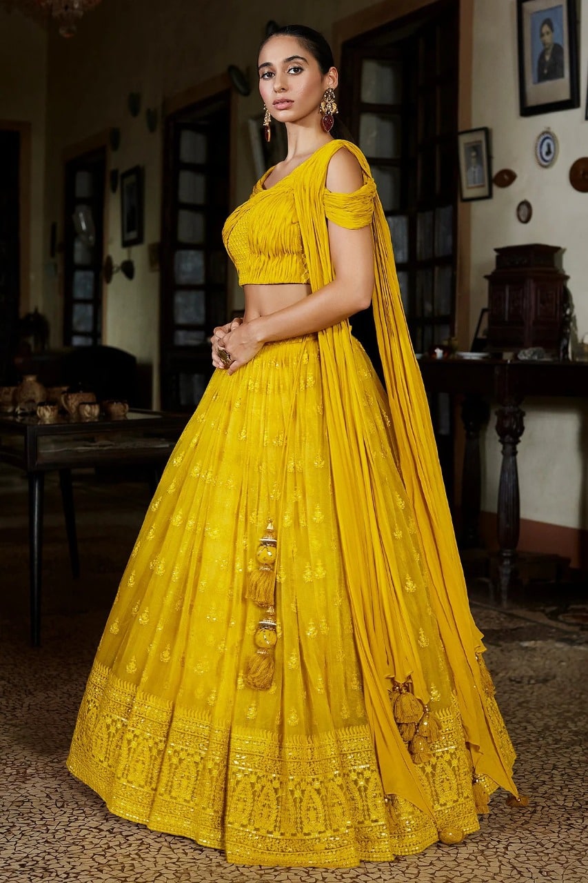 Mustard Yellow Lehenga Choli In Georgette Silk With Sequence Embroidery Work